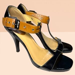 🤎🖤 Cole Haan Black Patent Leather Strappy Heels with Tan Leather Strap 🖤🤎